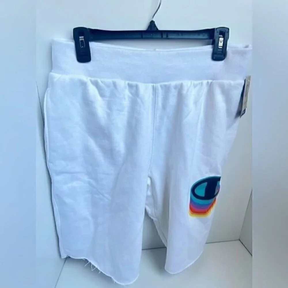 New CHAMPION White Reverse Weave Color Shadow Cut Off Shorts Large
